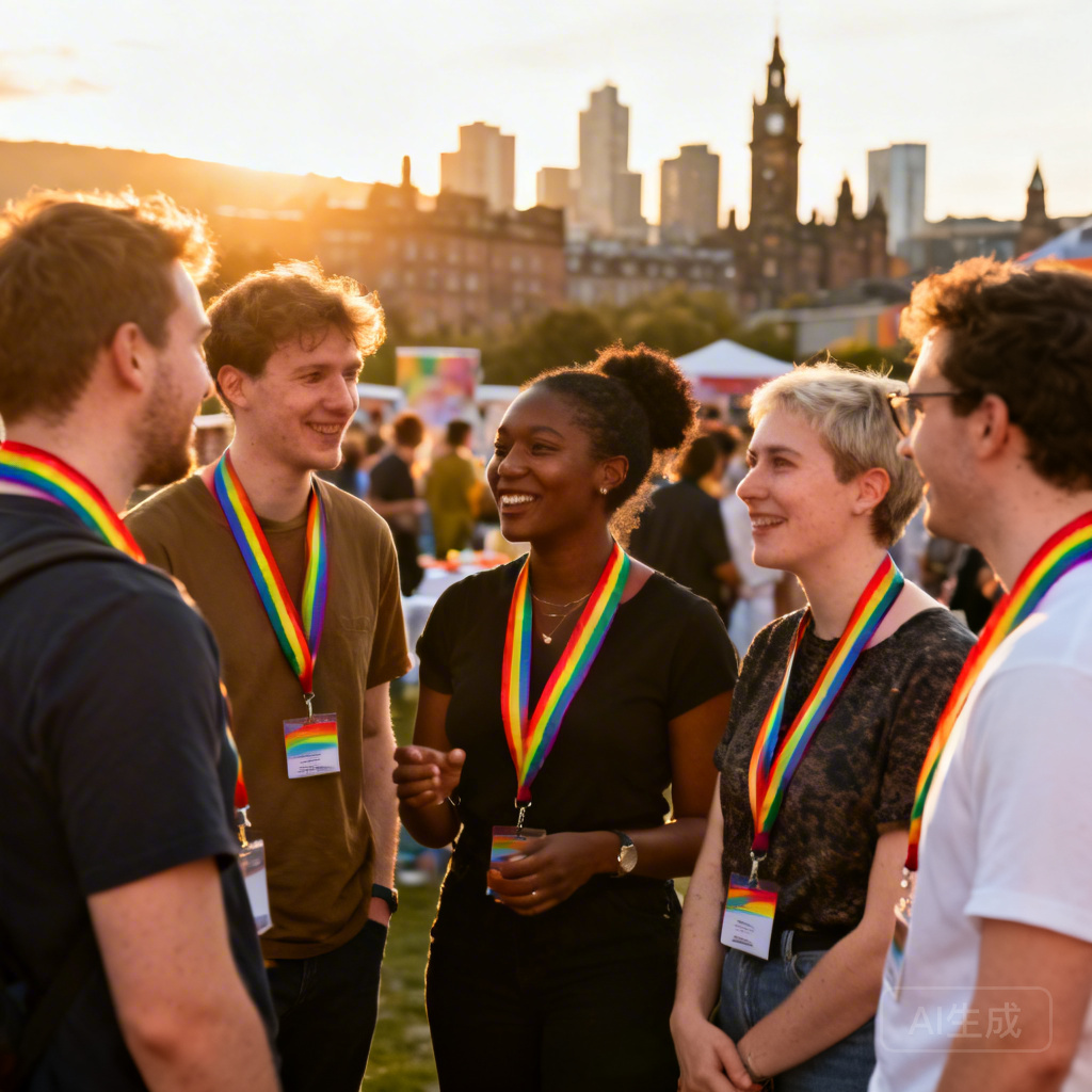 A group of diverse LGBTQ+ Glasgow residents chatting at a community wellbeing event, with rainbow lanyards and a Glasgow city skyline backdrop