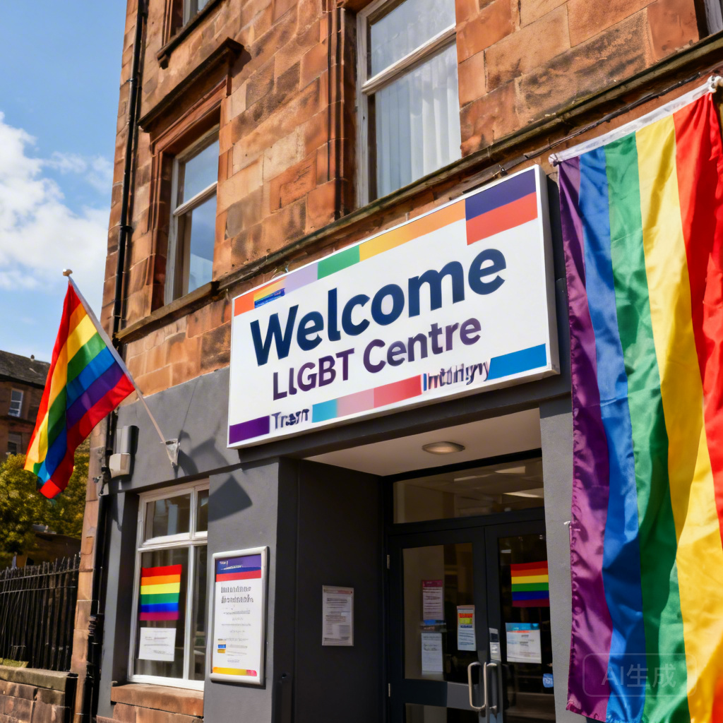 Photo of the exterior of the Glasgow LGBT Centre, with a welcome sign that includes trans and non-binary pride flags